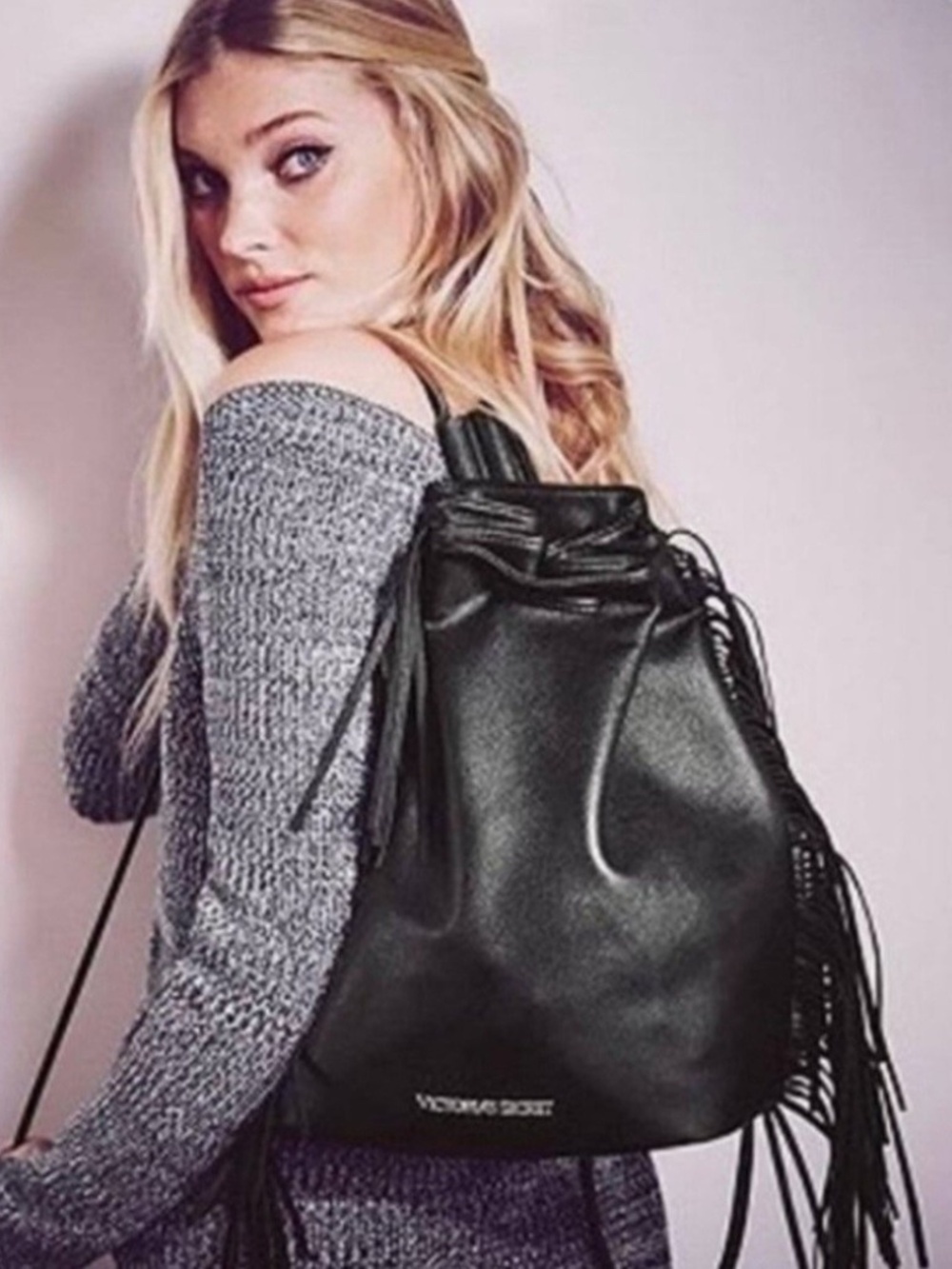 Victoria's Secret Limited Edition Black Faux Leather Boho Fringe Backpack NWT